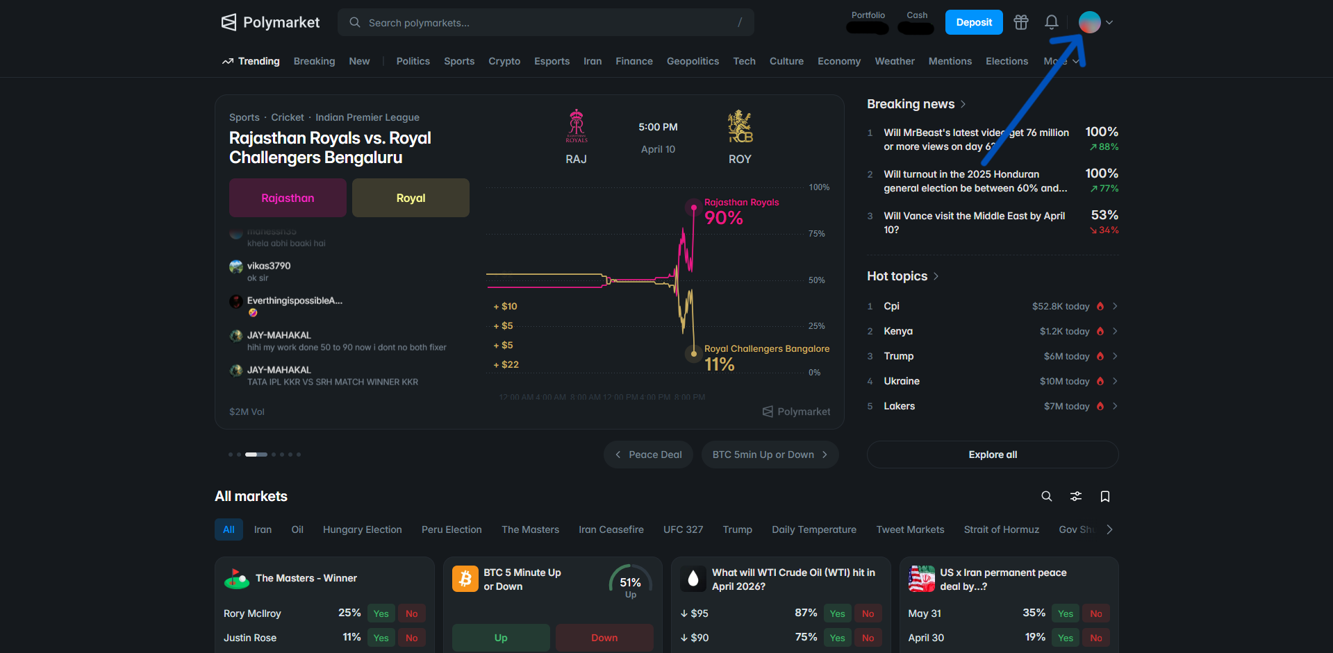 Polymarket — click avatar top right