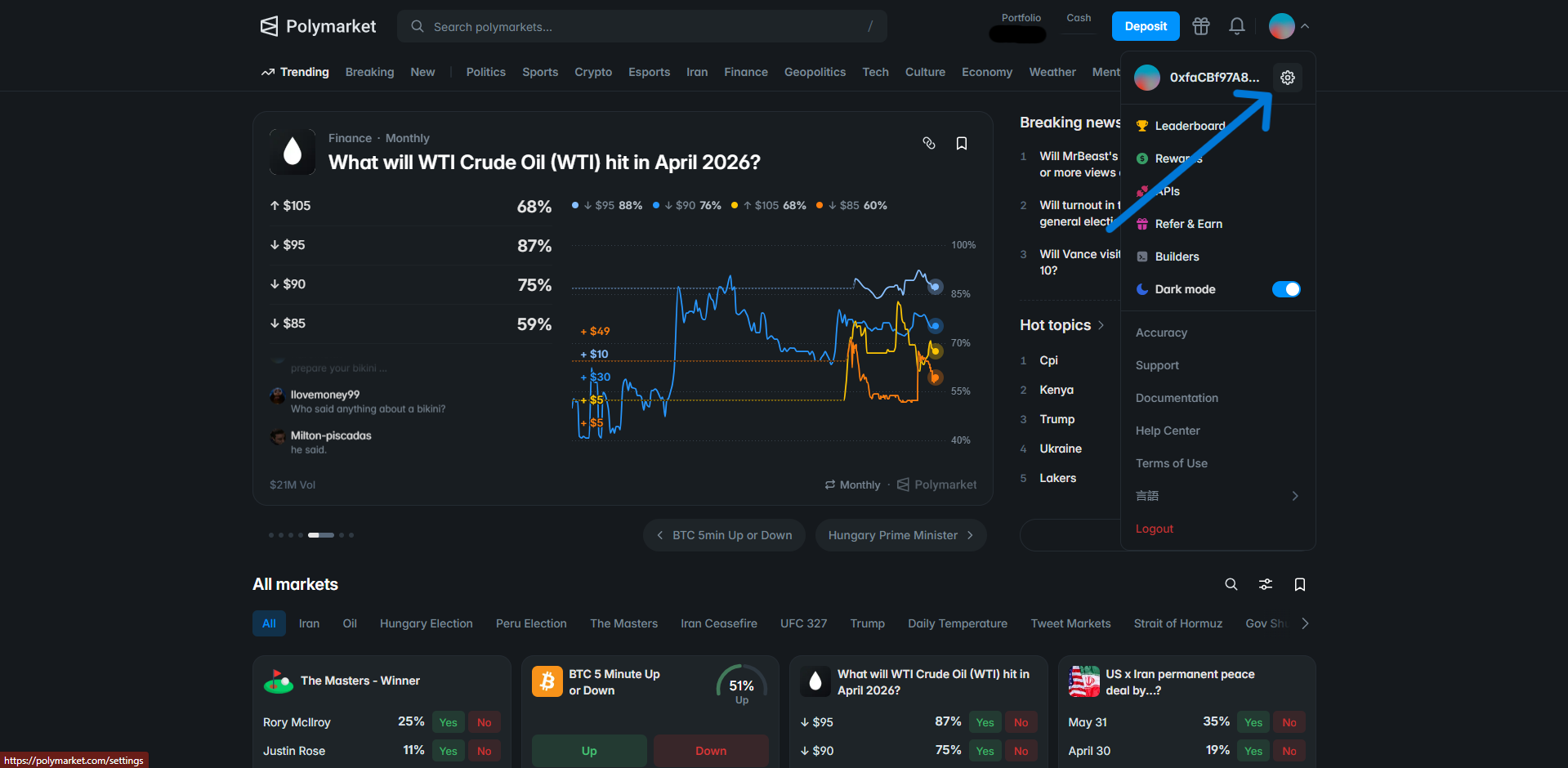 Polymarket — dropdown menu, click settings
