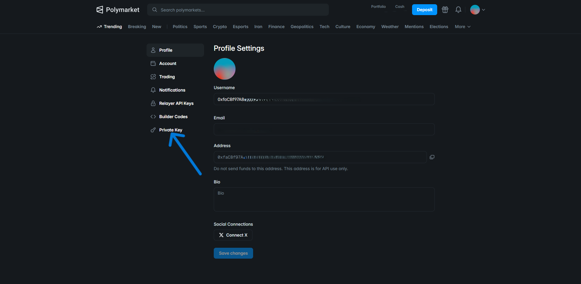Polymarket Settings — click Private Key in sidebar
