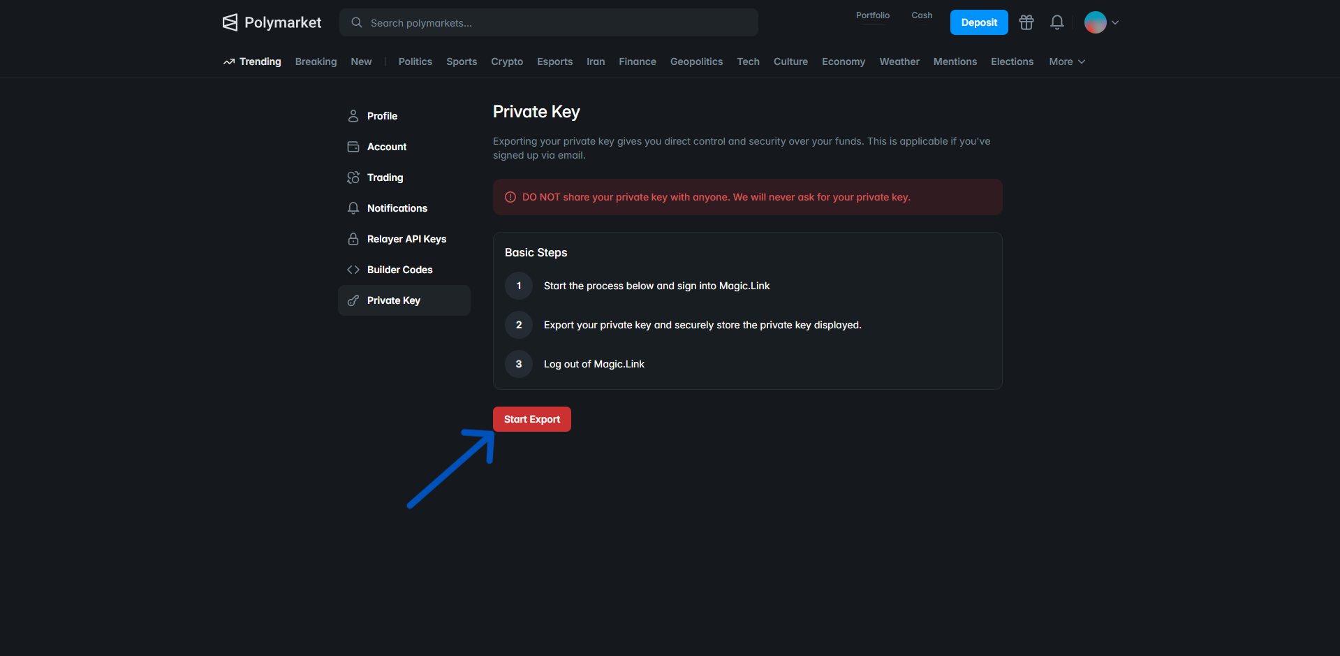 Polymarket Private Key page — click Start Export