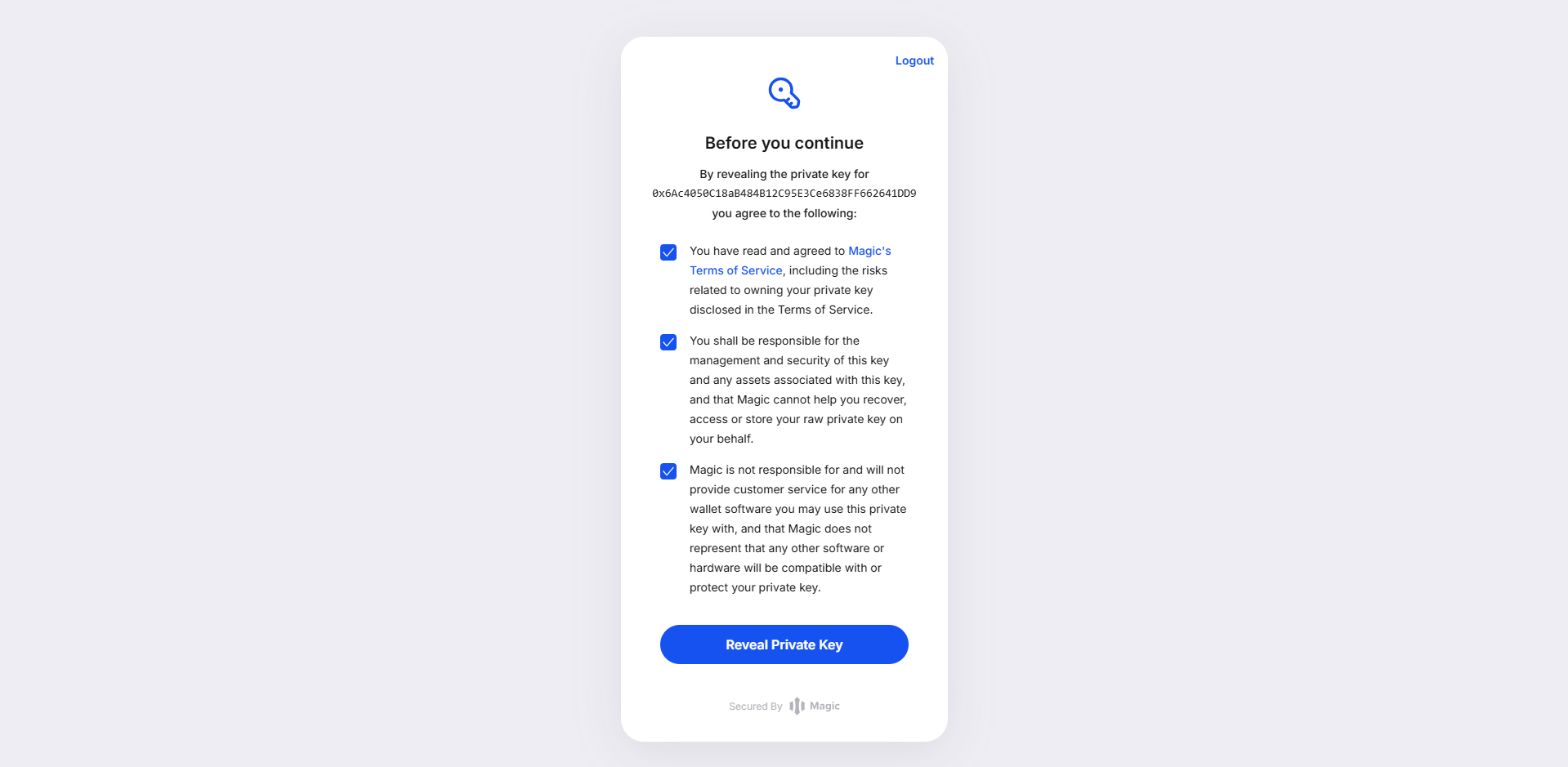 Magic.link — Before you continue, click Reveal Private Key