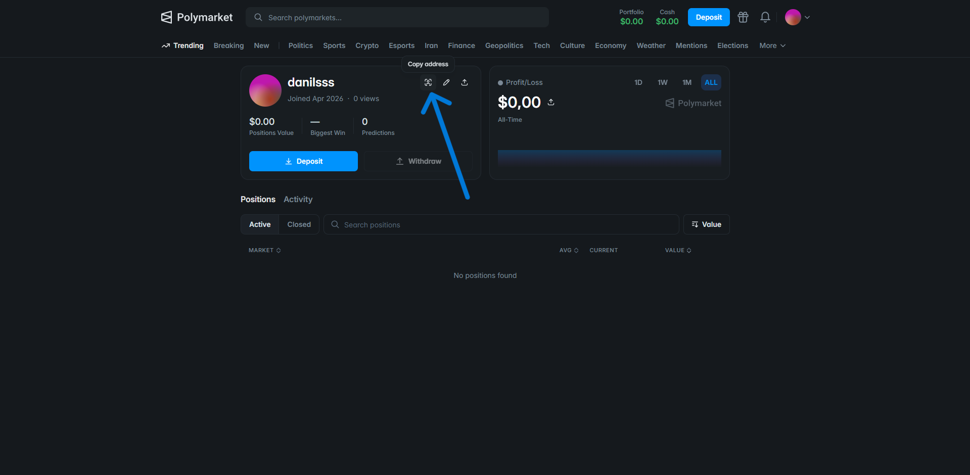 Polymarket profile — copy wallet address