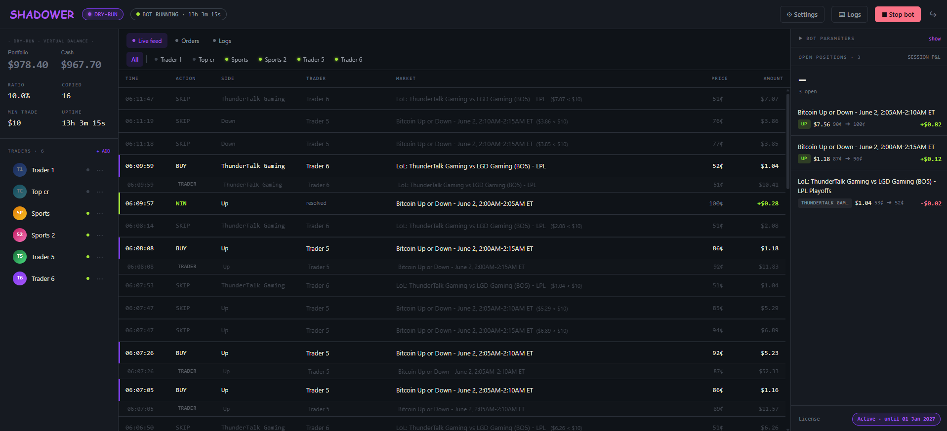 Shadower web dashboard — live Polymarket copy trading in the browser