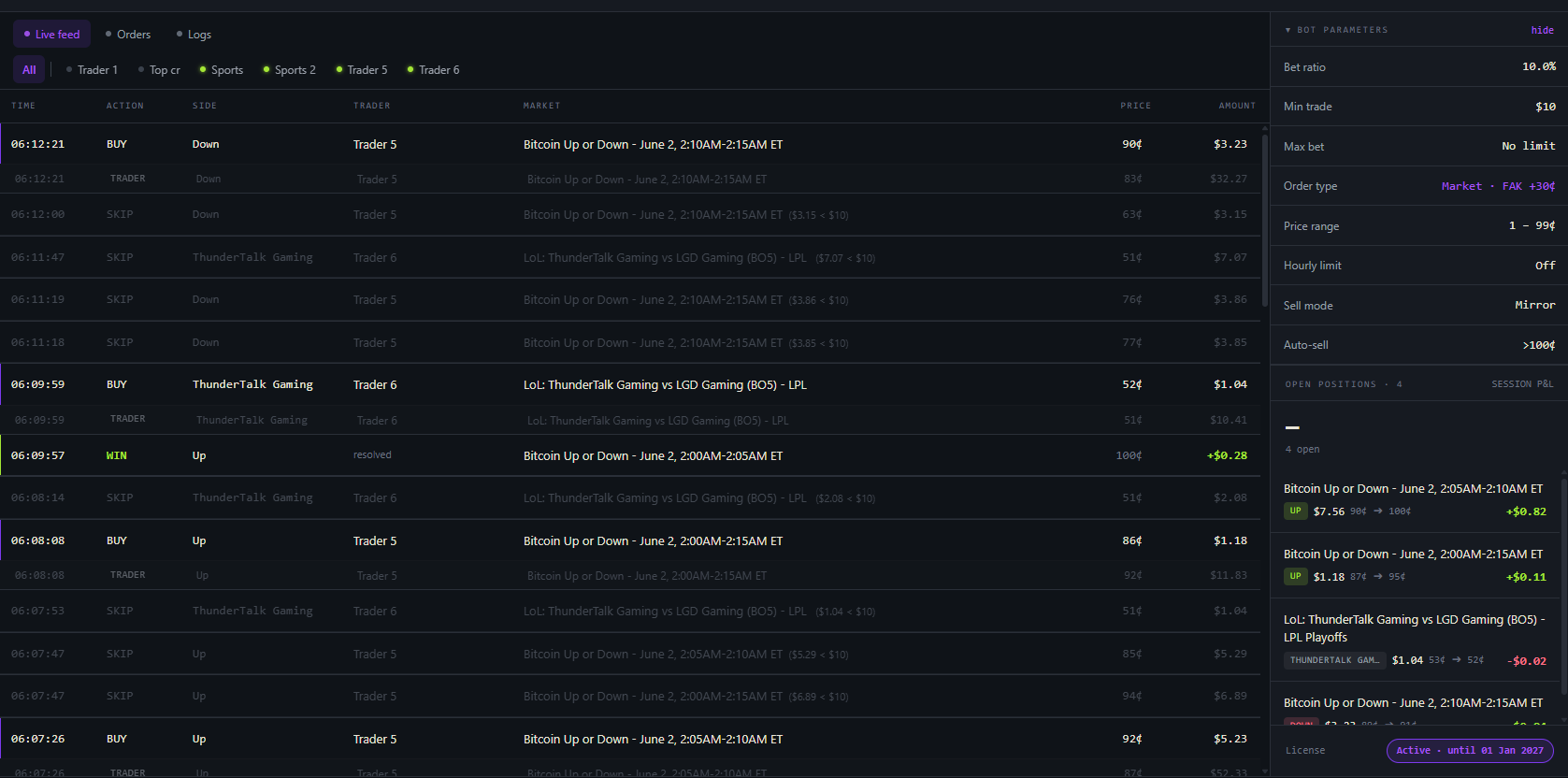 Shadower live copy feed and bot parameters in the web app